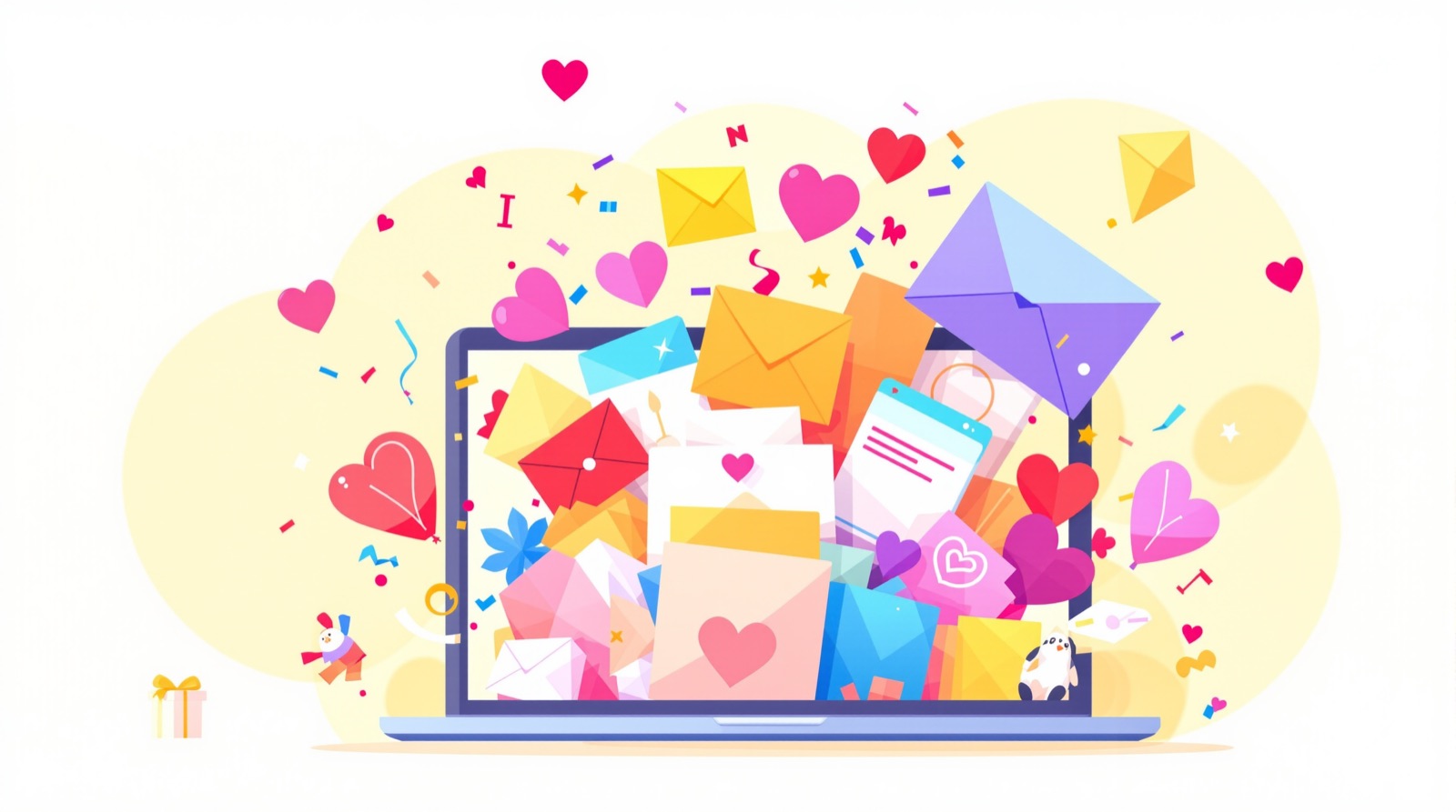 Colorful greeting cards and envelopes bursting from a laptop screen